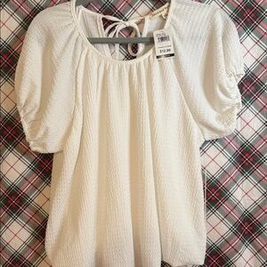 Above and Beyond White Textured Blouse with Puff Sleeves and Bubble Bottom